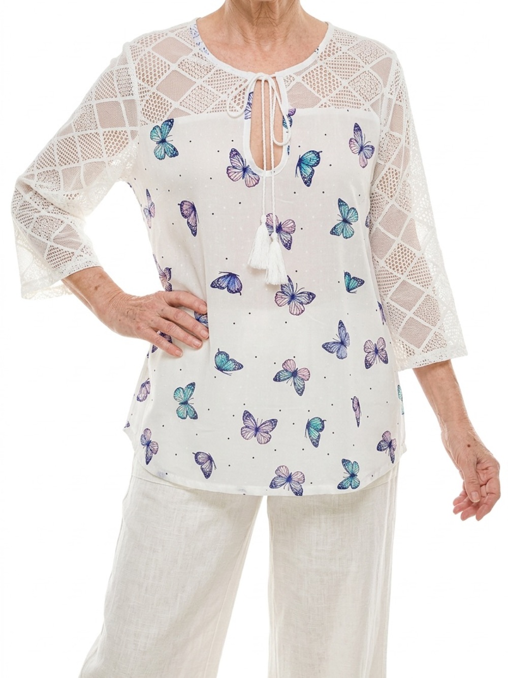 Butterfly printed top blouse. Lace sleeve. Boho‎ tie lace front. Size l
